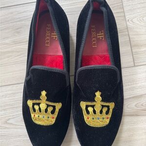 FERUCCI BLACK VELVET WITH GOLD CROWN LOAFER SIZE 9 PROM WEDDING SHOES
